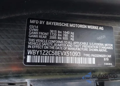 2014 BMW I3 z USA, uszkodzony, nr VIN WBY1Z2C58EVX51093